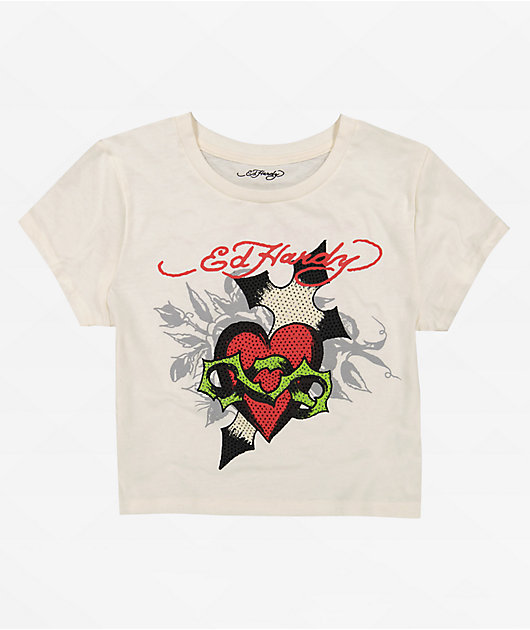 Ed Hardy Cross Heart Ivory Crop T-Shirt | Zumiez