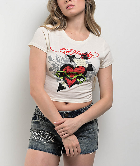 Ed Hardy Cross Heart Ivory Crop T-Shirt