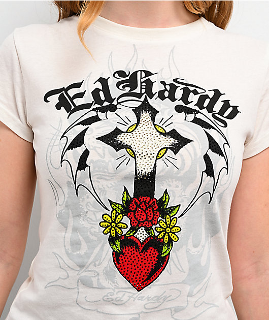 [Sculptor x Ed Hardy] Brush Tee White 半袖 Ed Hardy Cross Heart Ivory T-Shirt | Zumiez