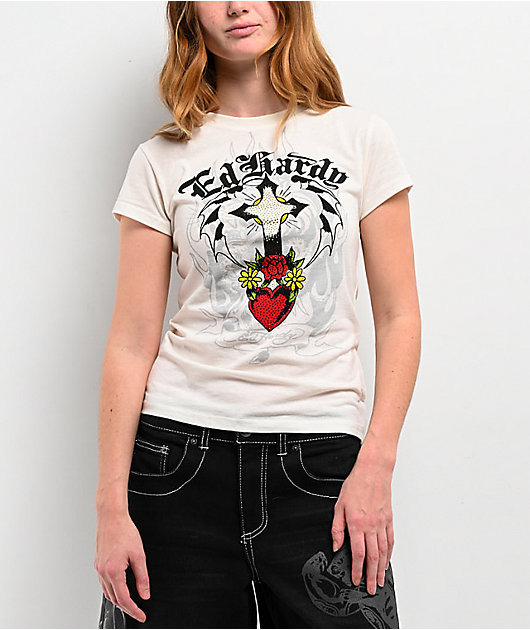 [Sculptor x Ed Hardy] Brush Tee White 半袖 Ed Hardy Cross Heart Ivory T-Shirt | Zumiez