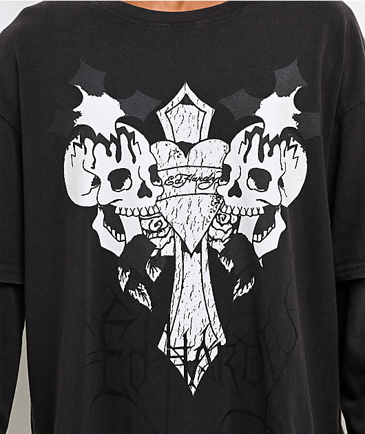 Ed Hardy Cross Skull Black Wash 2fer Long Sleeve T-Shirt