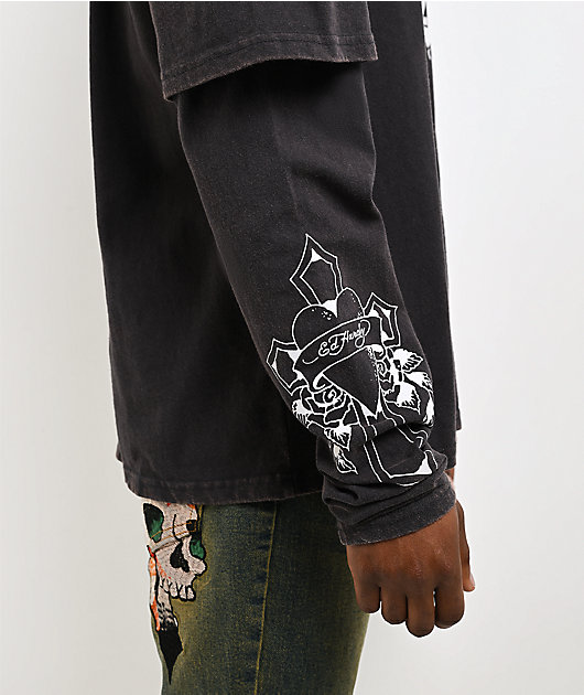 Ed Hardy Cross Skull Black Wash 2fer Long Sleeve T-Shirt