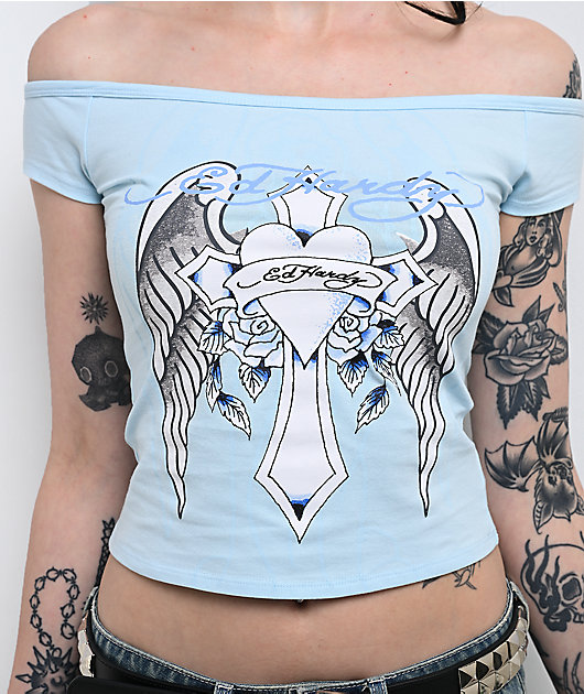 Ed Hardy Cross Wings Off Shoulder Blue Crop T-Shirt
