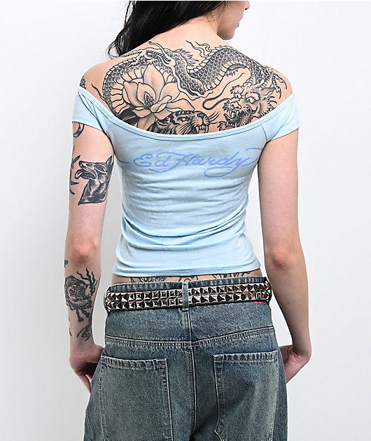 Ed Hardy Cross Wings Off Shoulder Blue Crop T-Shirt