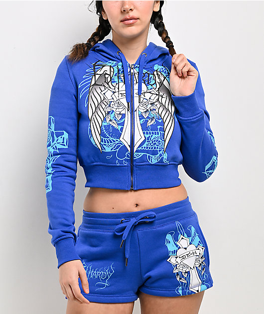 Ed Hardy Cross Wings Royal Blue Crop Zip Hoodie | Zumiez