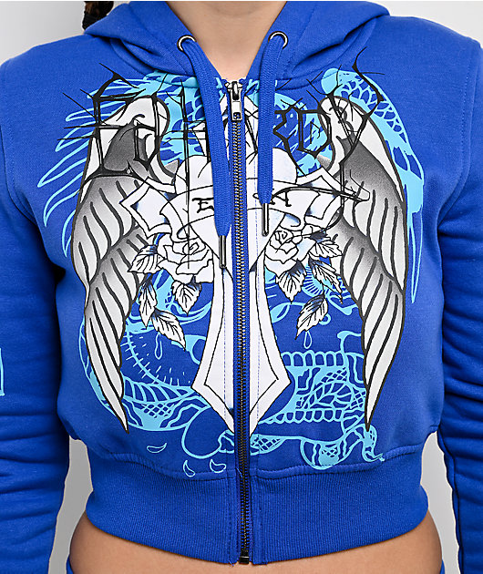 Ed Hardy Cross Wings Royal Blue Crop Zip Hoodie | Zumiez