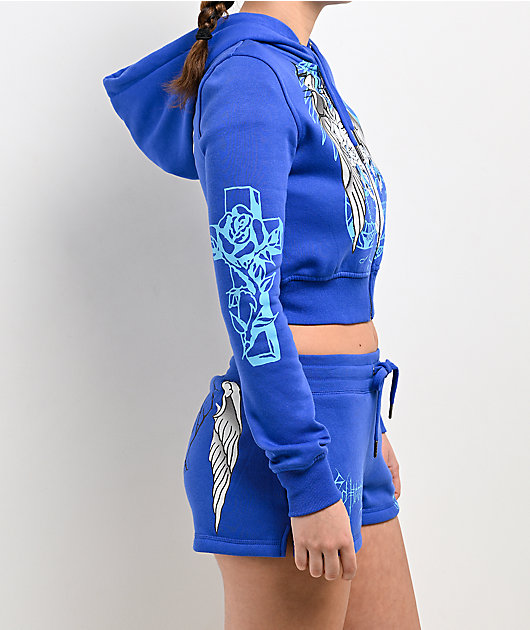 Ed Hardy Cross Wings Royal Blue Crop Zip Hoodie | Zumiez