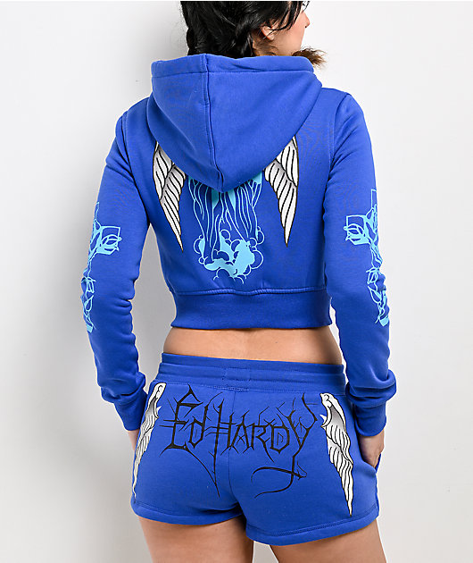 Ed Hardy Cross Wings Royal Blue Crop Zip Hoodie | Zumiez