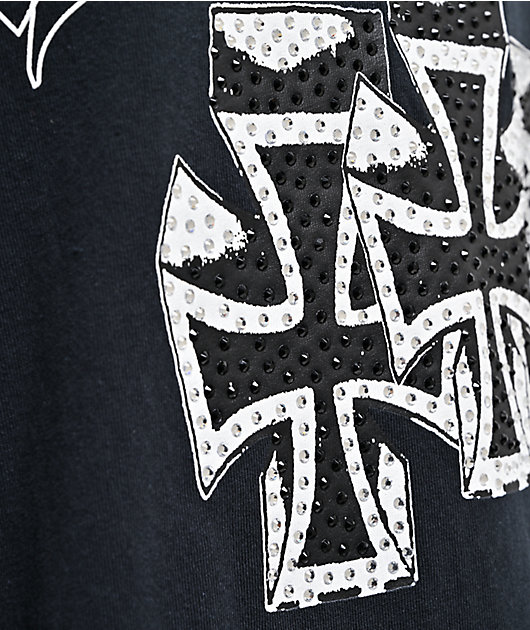 Ed Hardy Crosses Rhinestone Black 2fer Long Sleeve T-Shirt
