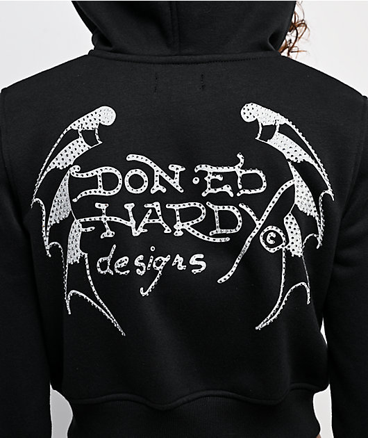 Ed Hardy Crosses Rhinestone Black Crop Zip Hoodie | Zumiez