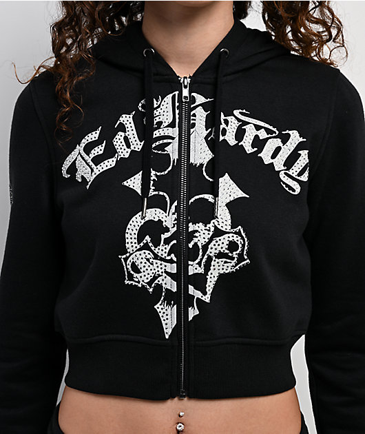 【メロディ】 Ed Hardy Crosses Rhinestone Black Crop Zip Hoodie | Zumiez
