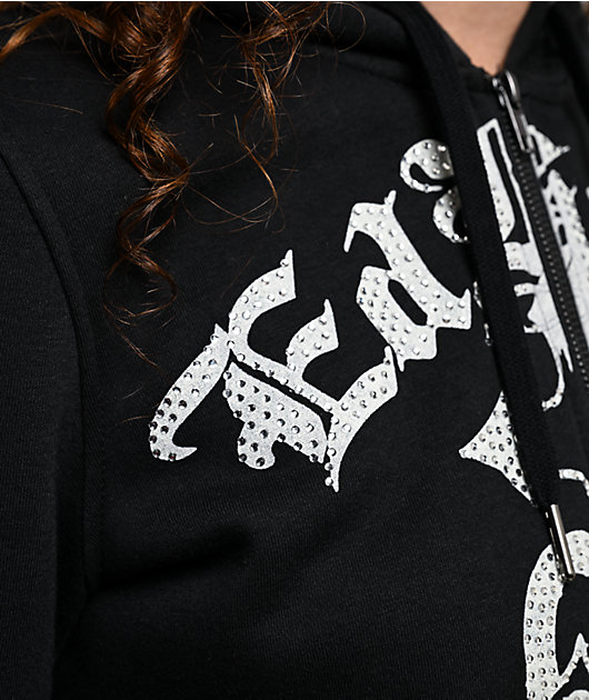 Ed Hardy ラインストーン ジップパーカー M 裏サーマル ロゴ y2k Ed Hardy Crosses Rhinestone Black Crop Zip Hoodie | Zumiez