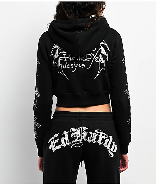 Ed Hardy Crosses Rhinestone Black Crop Zip Hoodie | Zumiez