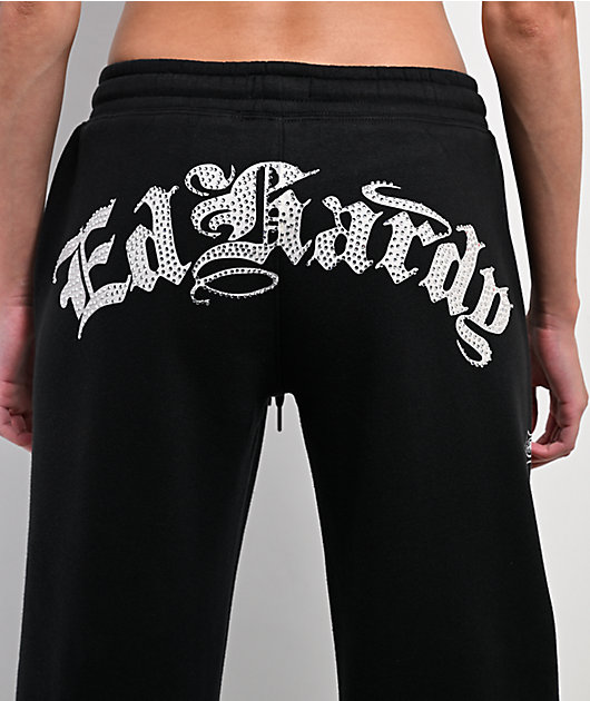 Ed Hardy Crosses Rhinestone Black Wide Leg Sweatpants