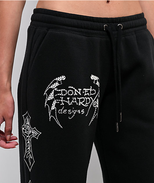 Ed Hardy Crosses Rhinestone Black Wide Leg Sweatpants