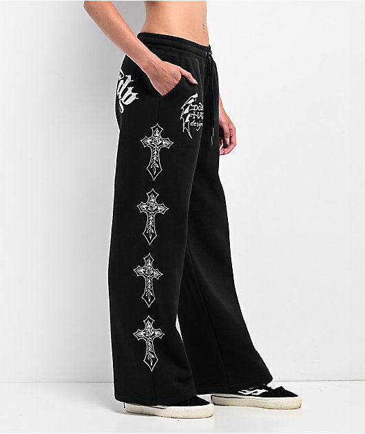 Ed Hardy Crosses Rhinestone Black Wide Leg Sweatpants