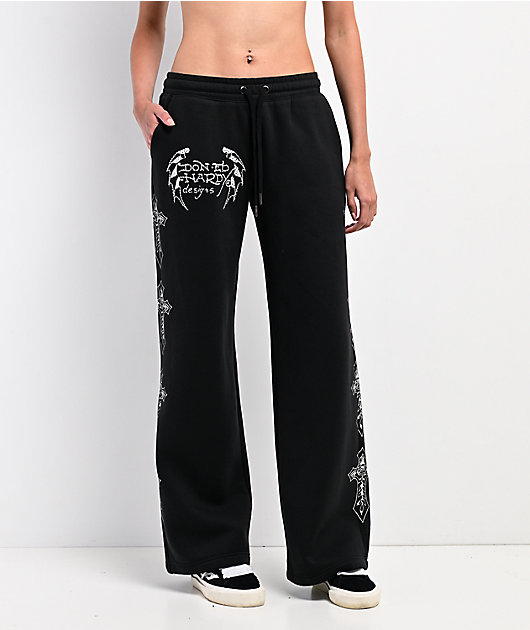 Ed Hardy Crosses Rhinestone Black Wide Leg Sweatpants