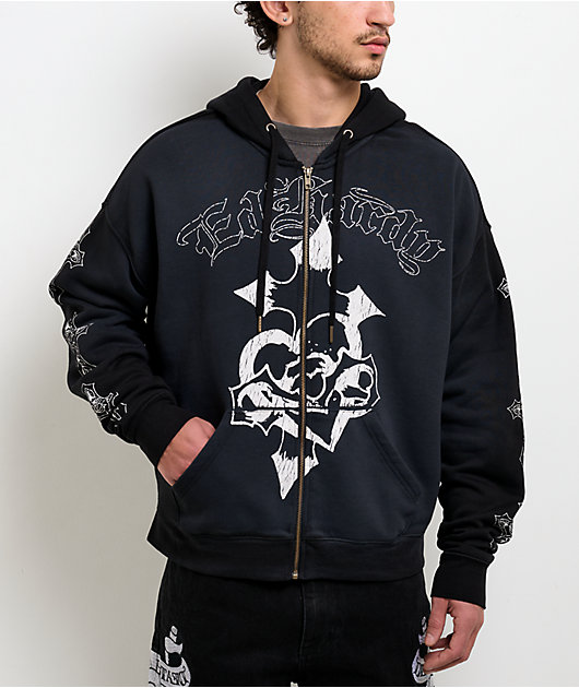 Ed Hardy Crosses Sunfade Black Boxy Zip Hoodie | Zumiez