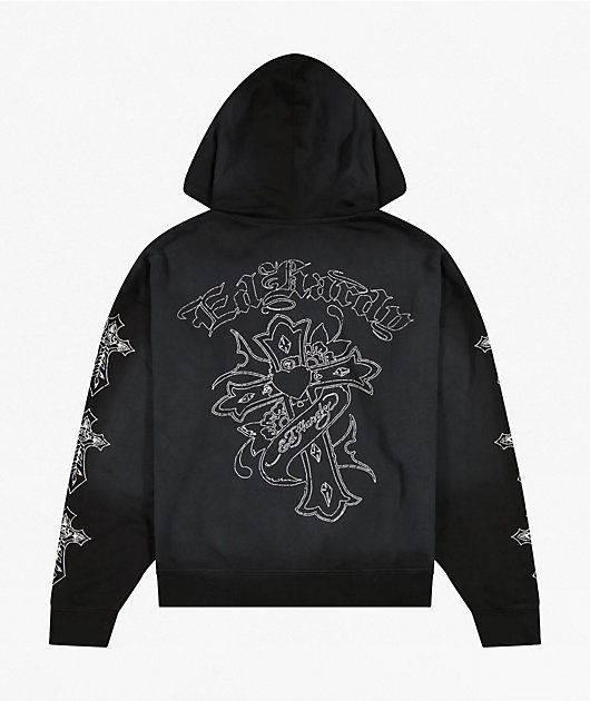 Ed Hardy Crosses Sunfade Black Boxy Zip Hoodie | Zumiez