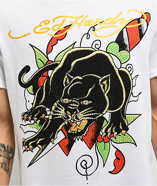 Ed Hardy Crouching Panther Rhinestone White T-Shirt