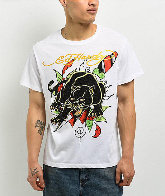 Ed Hardy Crouching Panther Rhinestone White T-Shirt | Zumiez