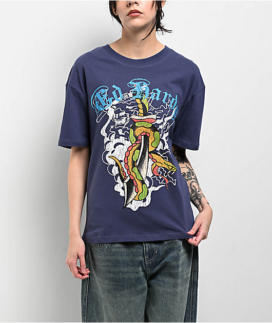 Ed Hardy Dagger Snake Navy Boxy T-Shirt | Zumiez