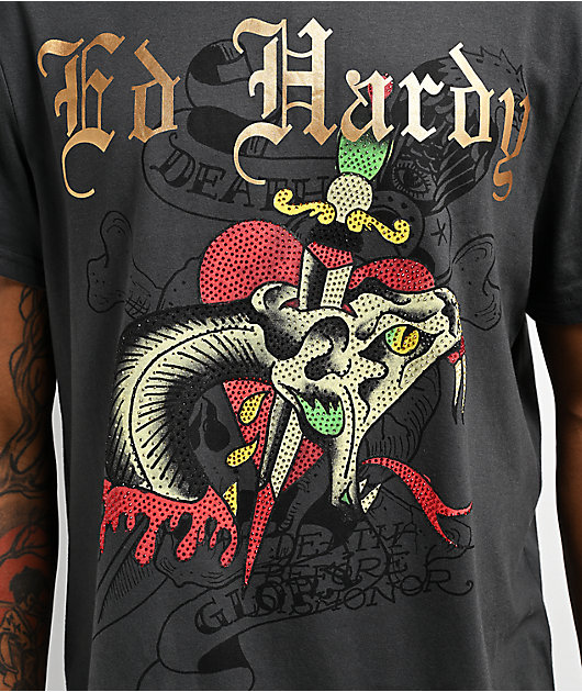 Ed Hardy Dagger Snake Rhinestone Black Wash T-Shirt | Zumiez