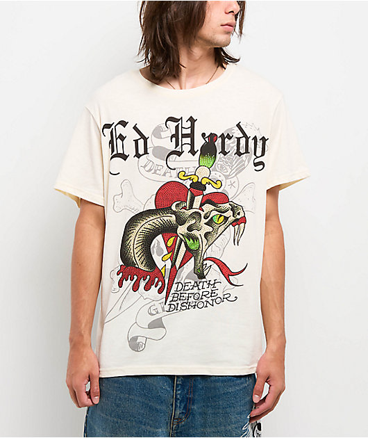 Ed Hardy Dagger Snake Rhinestone Natural T-Shirt | Zumiez