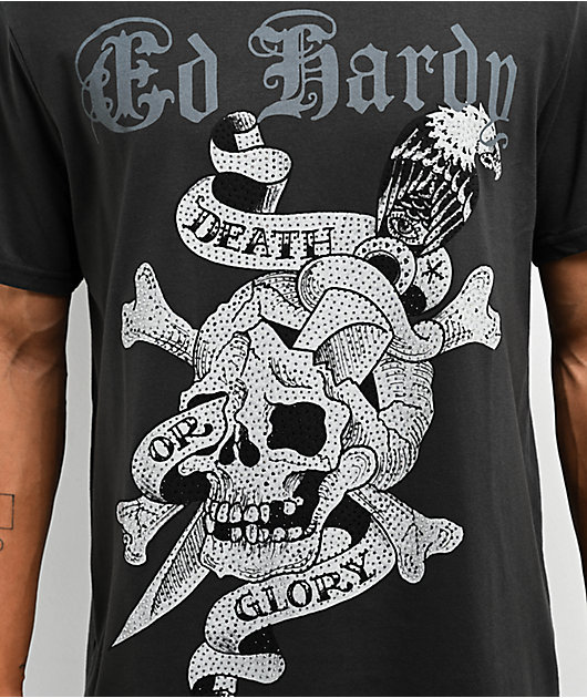 Ed Hardy Death Or Glory Skull Rhinestone Charcoal T-Shirt