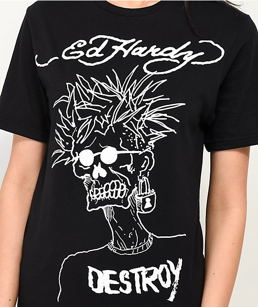 Ed Hardy Destroy Skeleton Black T-Shirt | Zumiez