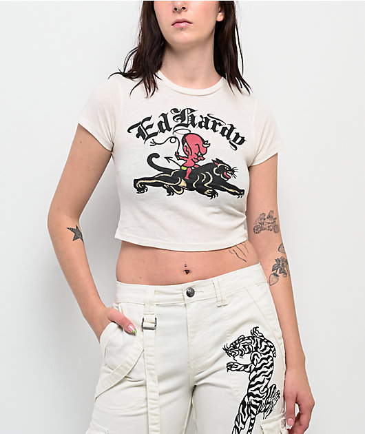 Ed Hardy Devil Panther Ivory Crop T-Shirt | Zumiez