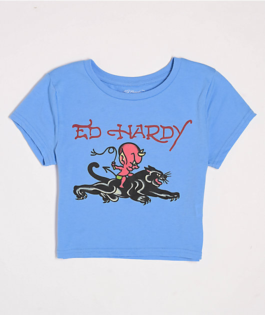 Ed Hardy Devil Panther Powder Blue Crop T-Shirt | Zumiez