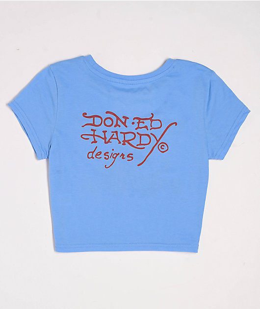 Ed Hardy Devil Panther Powder Blue Crop T-Shirt