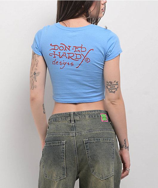 Ed Hardy Devil Panther Powder Blue Crop T-Shirt