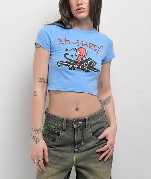 Ed Hardy Devil Panther Powder Blue Crop T-Shirt | Zumiez