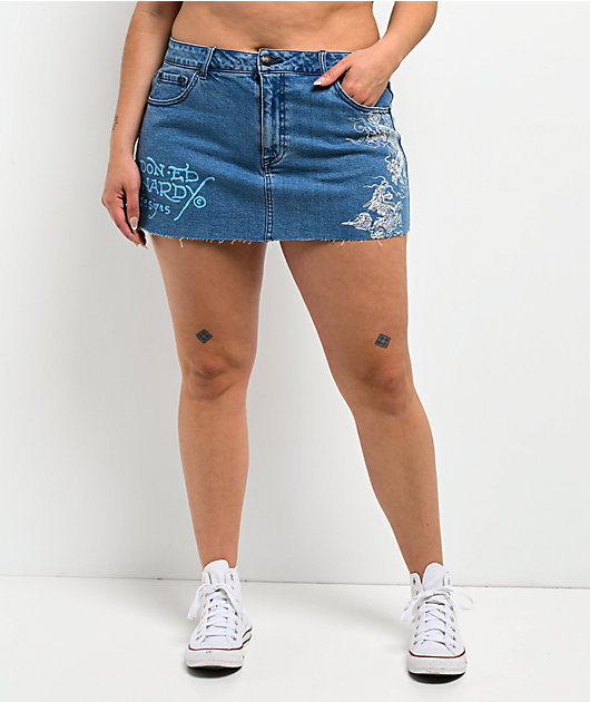 Ed Hardy Diamond Flower Blue Denim Cutoff Mini Skirt
