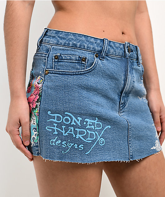 Ed Hardy Diamond Flower Blue Denim Cutoff Mini Skirt