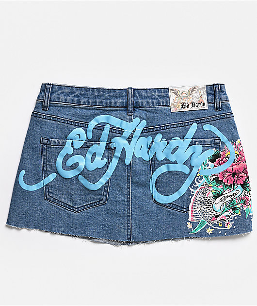 Ed Hardy Diamond Flower Blue Denim Cutoff Mini Skirt