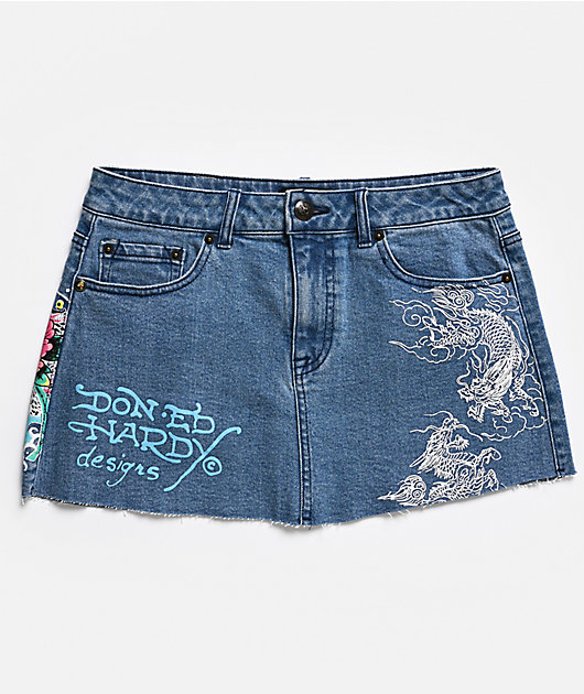 Ed Hardy Diamond Flower Blue Denim Cutoff Mini Skirt