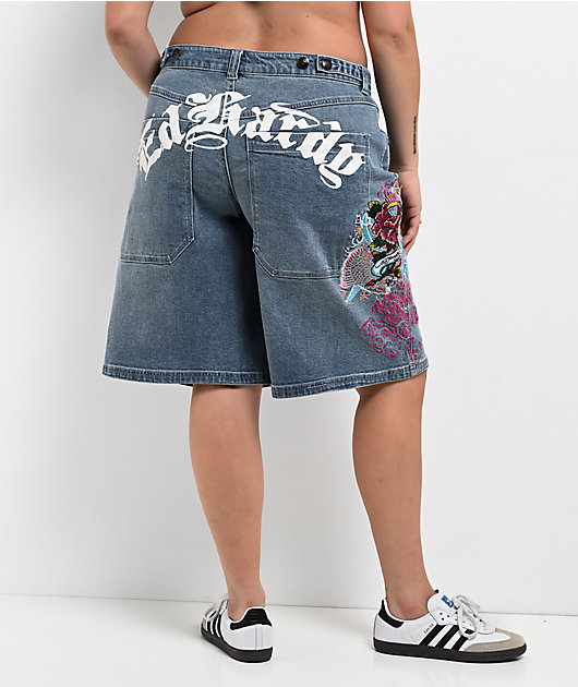 Ed Hardy Diamond Flower Light Wash Jean Shorts