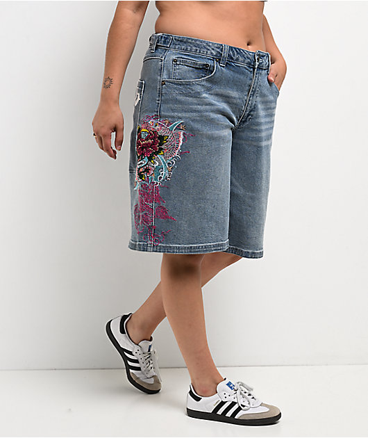 Ed Hardy Diamond Flower Light Wash Jean Shorts