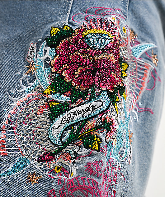 Ed Hardy Diamond Flower Light Wash Jean Shorts