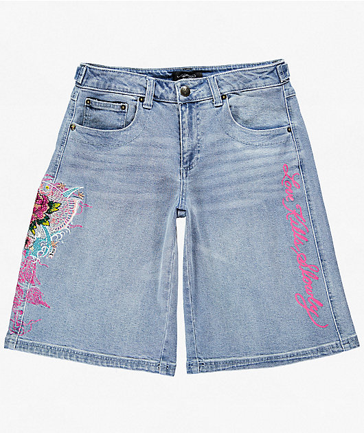 Ed Hardy Diamond Flower Light Wash Jean Shorts
