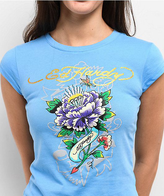 Ed Hardy Diamond Flower Power Blue Cap Sleeve Crop T-Shirt