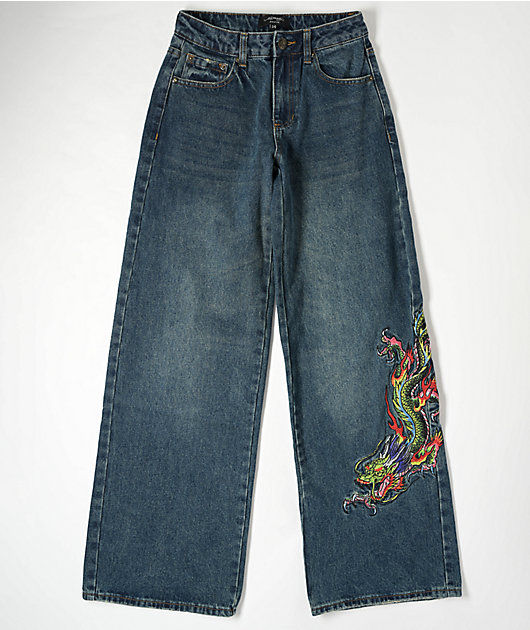 Ed Hardy Dragon Blue Wide Leg Denim Jeans | Zumiez