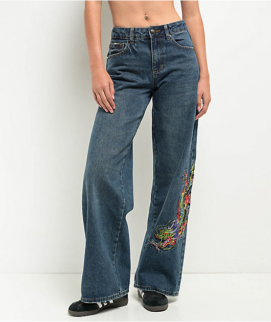 【BAON】Hardy Wide Denim Pants Ed Hardy Dragon Blue Wide Leg Denim Jeans | Zumiez