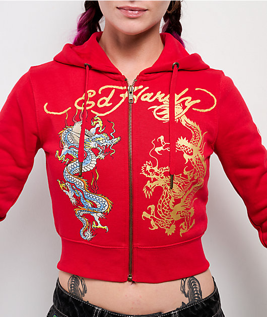 Ed Hardy Dragon Cherry Red Crop Zip Hoodie | Zumiez