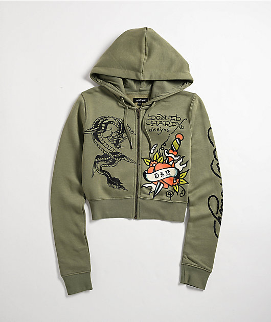 Ed Hardy Dragon Dagger Olive Crop Zip Hoodie | Zumiez