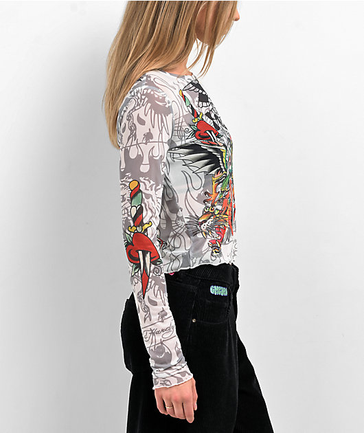 Ed Hardy Dragon Dagger White Mesh Long Sleeve Crop Top | Zumiez