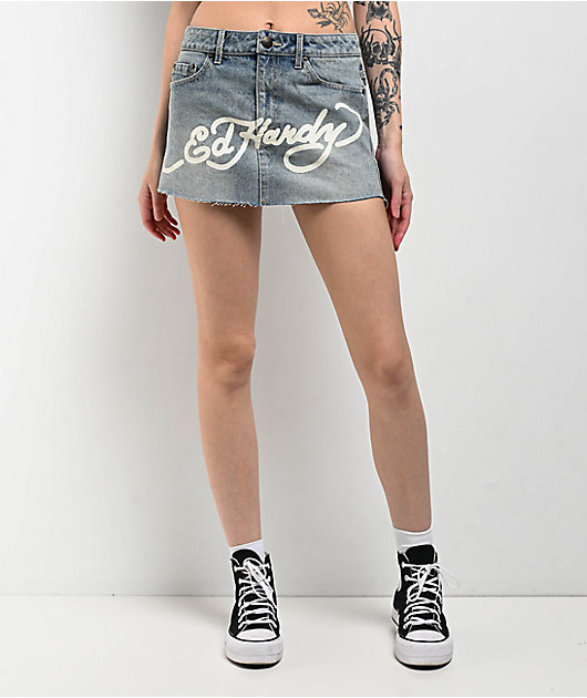 【Anyone more】Hardy damage blue mini skirt Blue Ed Hardy Cross Denim Mini Skirt - JD Sports Global